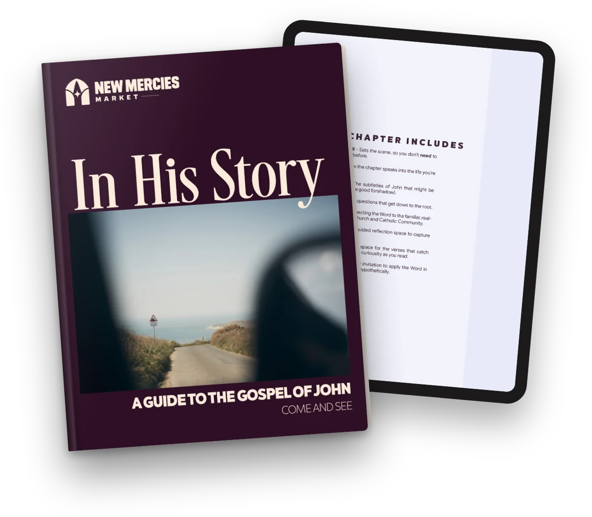 In His Story: A Guide to the Gospel of John, shown as a printed book and on an iPad