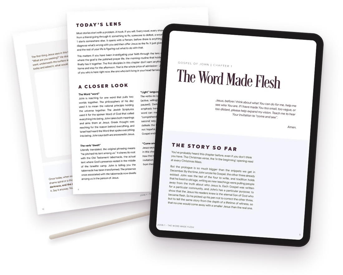 The free John 1 mini guide shown on an iPad and as printed pages